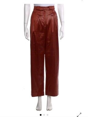 Diotima Rust Satin Pleated Wide Leg Trousers Made in USA High Rise Luxury Design